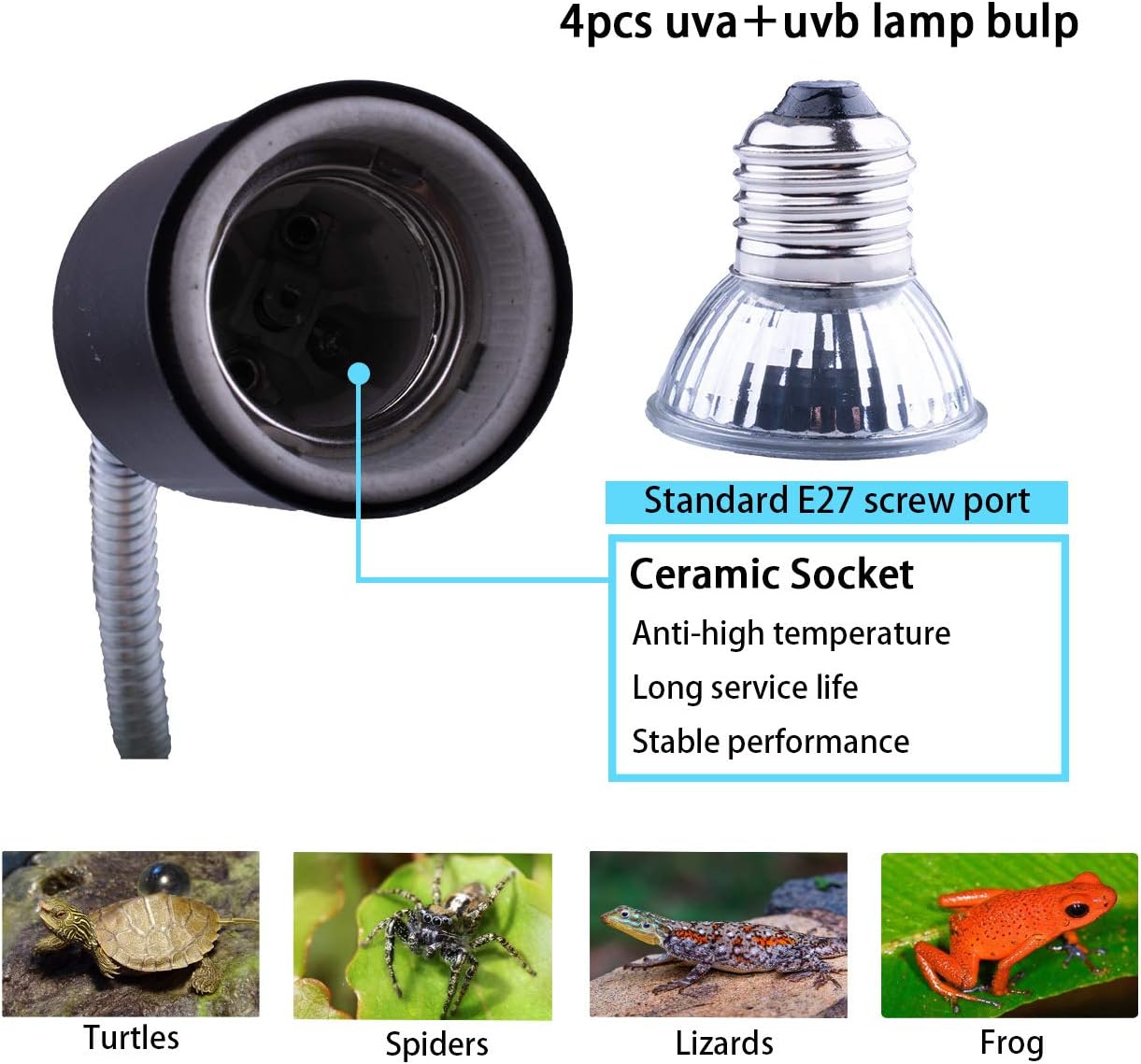 Black Reptile Heat Lamp, UVB Bulb, UVB Reptile Light Fixture, UVA UVB Reptile Light, Aquatic Turtle Heating Lamp, Turtle Aquarium Tank Heating Lamps Holder & Switch with 4 Heat Bulbs