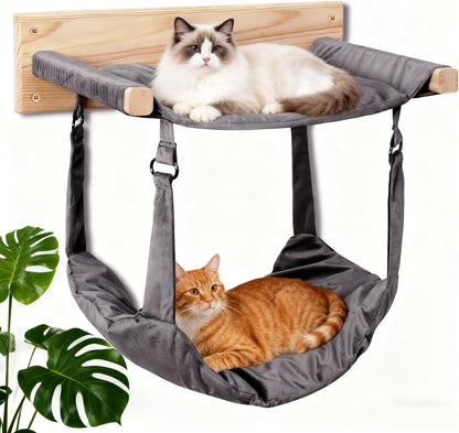 JSPYFITS Wooden Cat Wall Hammock, 18.9 x 12.6 Inch Double Layer Cat Furniture Hammock, Large Removable Multi-Function Cats Bed for Sleep/Play/Climb/Lounge Easy DIY Installation(Grey)