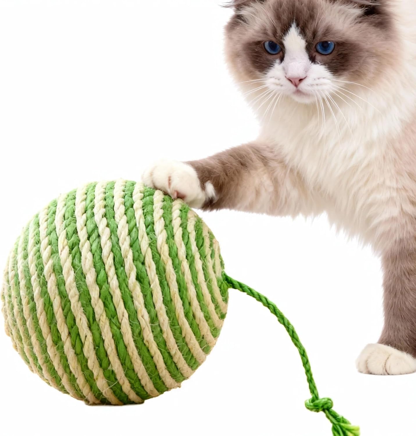 Sisal Ball Cat Toy for Teething and Play, Crinkle Sound Interactive Toys for Self-Entertainment and Boredom Relief for Cats（Green and White）