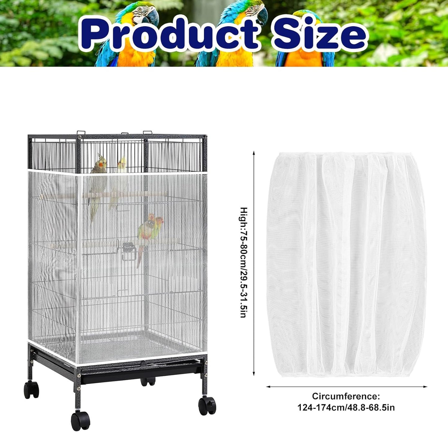 Universal Bird Cage Seed Catcher, White Adjustable Bird Cage Net Cover, Stretchy Lightweight Band Skirts Mesh Cover for Parrot Cages Stops Scatter, Breathable & Reusable