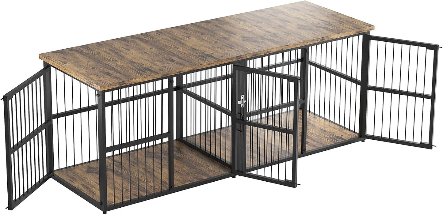 87 Inch Extra Large Double Dog Crate Furniture with Divider, Heavy Duty Kennel with 3 Lockable Doors, Wooden Indoor Pet House TV Stand for 2 Small Medium Large Dogs, Black