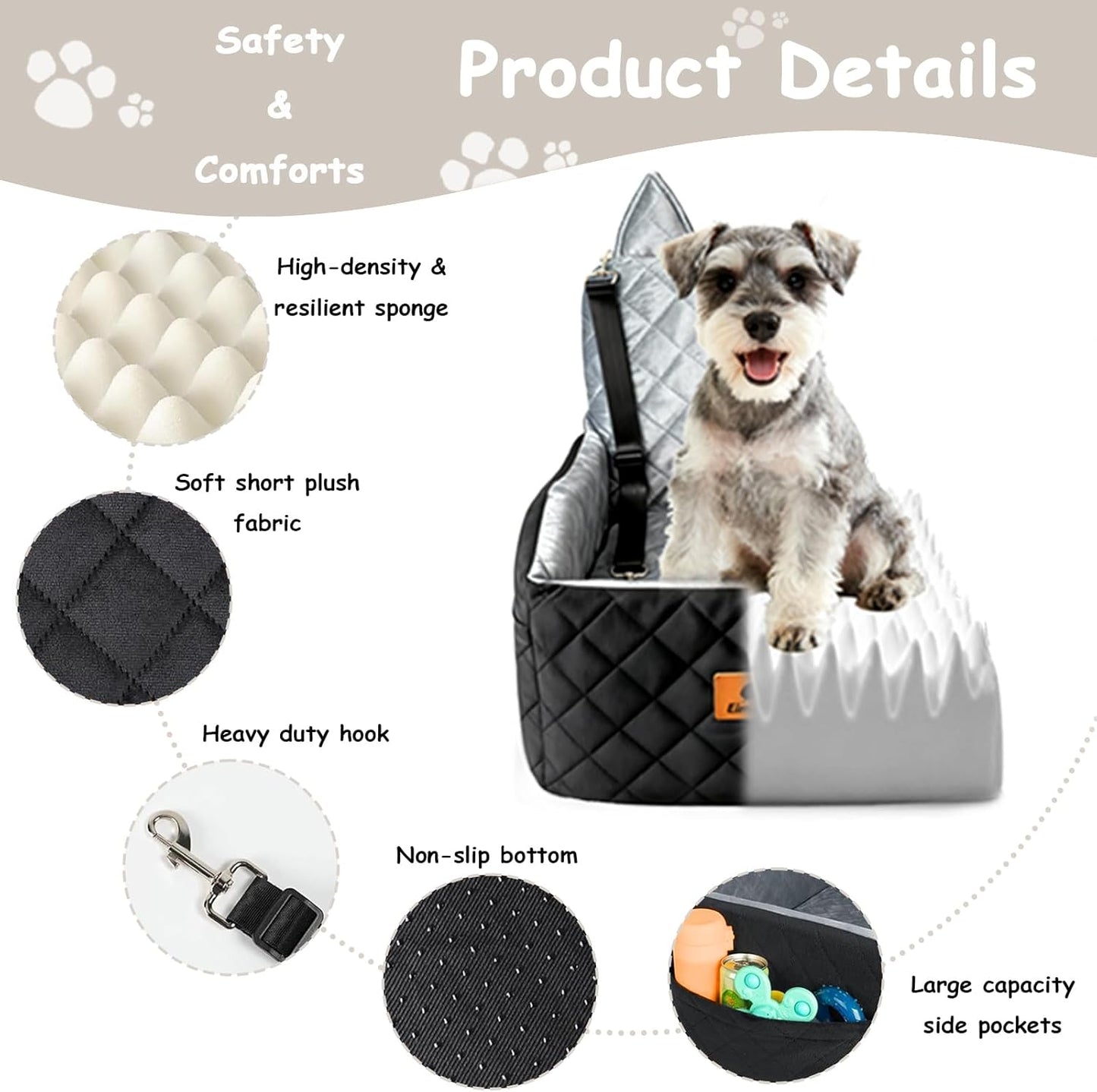 Dog Car Seat for Small & Medium Dogs – 6" Higher Booster Seat with Supportive Memory Foam Cushion, Detachable & Washable Cover, Safe & Comfortable Car Bed for Dogs up to 35 lbs