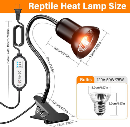 Reptile Heat Lamp, Heat Lamp with Clamp, UVA UVB Reptile Light with Intelligent Cycle Timer for Turtle, Bearded Dragon, Lizard and More, 2 Bulbs 50W+75W