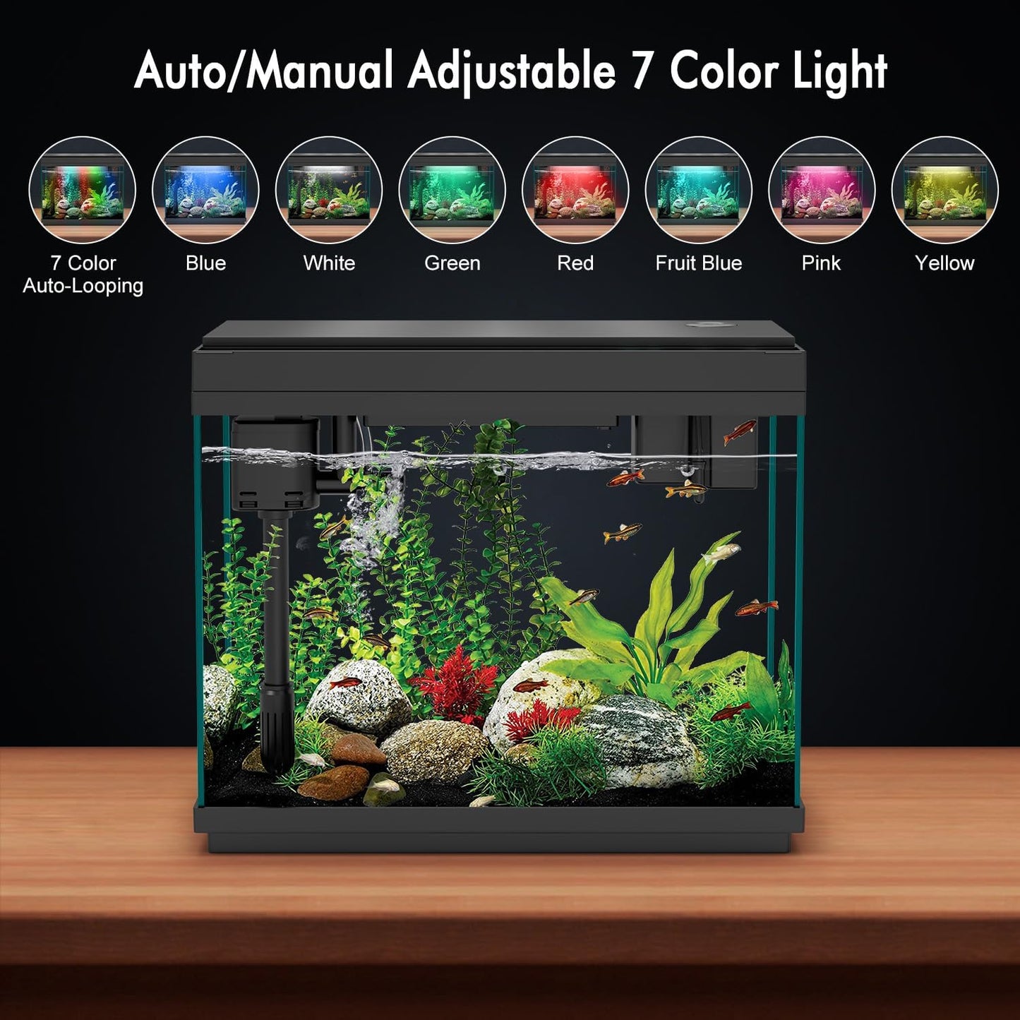 Smart Aquarium Fish Tank with Silent Water Pump, 2.4 Gallon Small Aquarium with Quick Start Kit, Temperature Display, Humidifier and RGB Lights, Perfect for Home, Office, and Decor