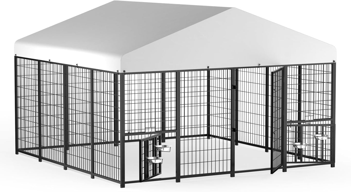 LOVMOR Outdoor Dog Kennel with Roof, Heavy Duty Steel Dog Run Enclosure for Large Dogs, Waterproof Canopy, Double Latch Door, Adjustable Feeding Bowls, Pet Pen for Yard and Patio, 10’L x 10’W x 6.5’H