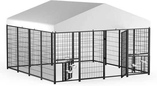 LOVMOR Outdoor Dog Kennel with Roof, Heavy Duty Steel Dog Run Enclosure for Large Dogs, Waterproof Canopy, Double Latch Door, Adjustable Feeding Bowls, Pet Pen for Yard and Patio, 10’L x 10’W x 6.5’H