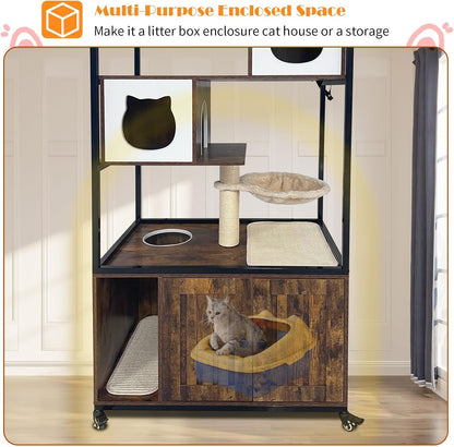 Cat Tower with Litter Box Enclosure, Wooden Hidden Litter Box Cat Tree Cabinet on Wheels with Condo, Hammock and Scratching Post, Dog Proof Cats Washroom Furniture