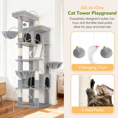 Globlazer Extra Large Cat Tree Tower 80in XXL Tall Cat Tree for Multiple Indoor Cats Large Adult Kittens with Scratching Posts, 2 Widened Perches, Adjustable Baskets, 2 Cozy Condos, S80G, Light Grey