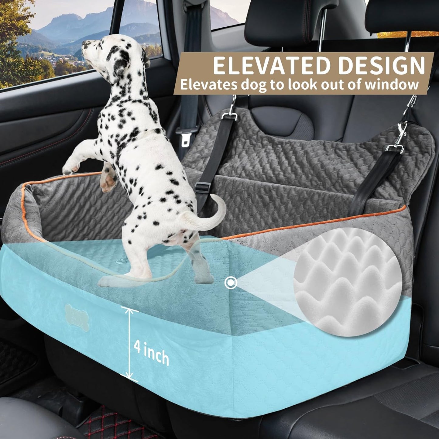 Dog Car Seat for Large/Medium Dogs - Memory Foam Dog Booster Seat for Under 55Lbs or 2 Small Dogs-Detachable and Washable Travel Bed with Thick Cushion and Storage Pockets-Grey