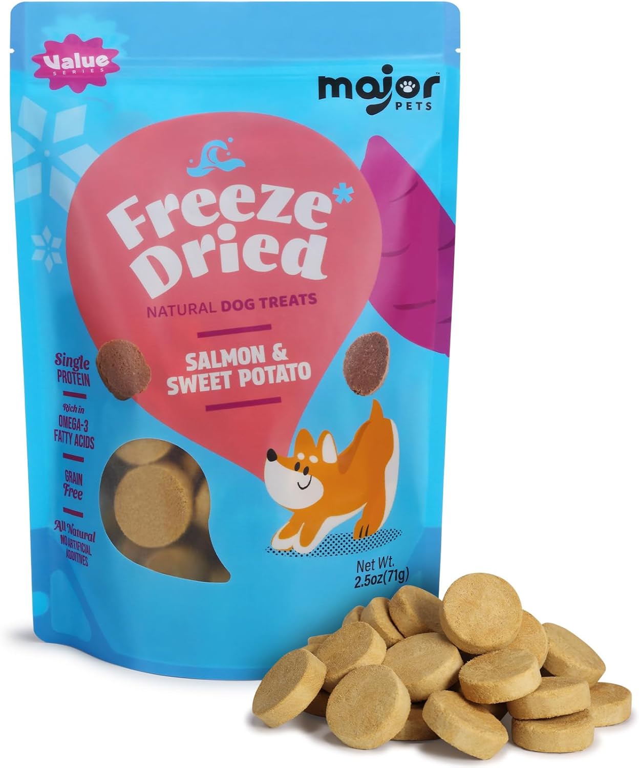 MAJOR PETS Freeze Dried Dog Treats, Wild-Caught Salmon & Sweet Potato, 100% Natural, Single High Protein, Rich in Omega-3, Grain Free, Healthy Training Bites & Meal Topper, Made in The USA, 2.5oz