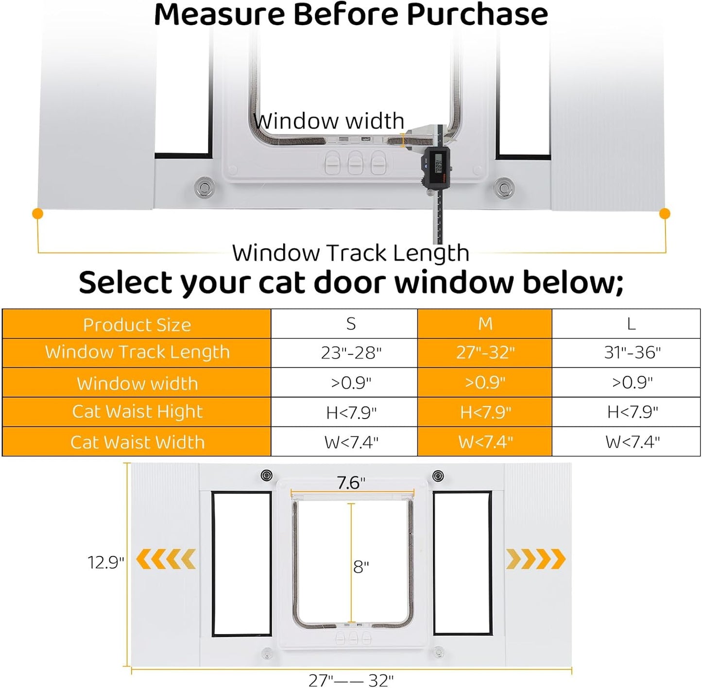 Full-Size Cat Door for Window Weatherproof,Fits 32"-36" Width Windows,Quick Install with No Damage,4 Locking Mechanisms,Magnetic Closure Cat Window Door,Aluminum Frame Pet Door for Window
