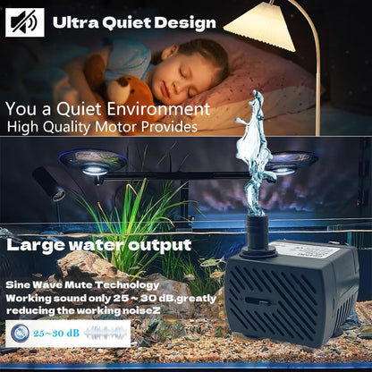 95GPH ultra-quiet small fountain pump (350L/H, 5W), 3.3-foot water pipe, adjustable flow small water pump, suitable for fish tanks, water features, pet fountains, outdoor fountain pumps