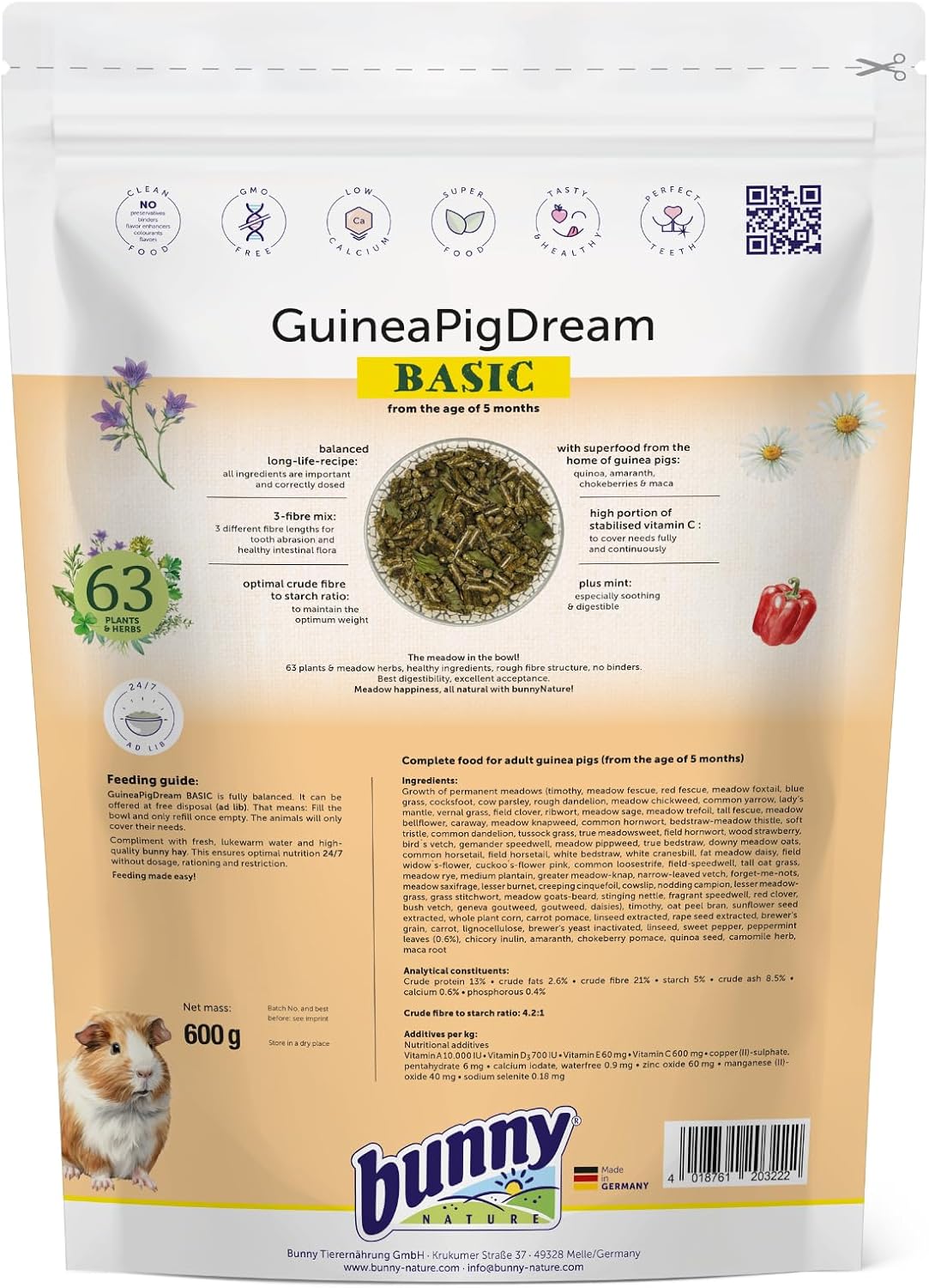 Bunny Nature Guinea Pig Food Pellets GuineaPigDream Basic, 63 Herbs, Stabilized Vitamin C, High Fiber, Grain Free, Mint & Superfoods, Digestive Health - 1.3 lbs