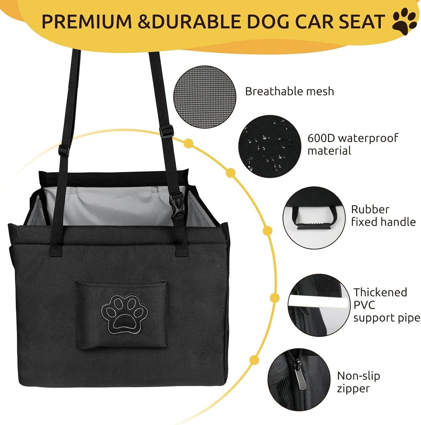 Black Portable Dogs Car Seat for Travel Dogs, Safety Leash, Adjustable Straps, Medium Dog Car Seat, Dog Travel Bed Washable Foldable, with Storage Pockets