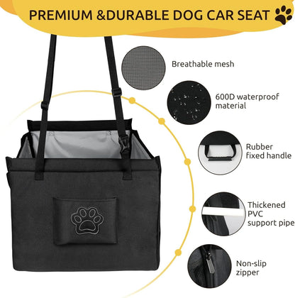 Black Portable Dogs Car Seat for Travel Dogs, Safety Leash, Adjustable Straps, Medium Dog Car Seat, Dog Travel Bed Washable Foldable, with Storage Pockets
