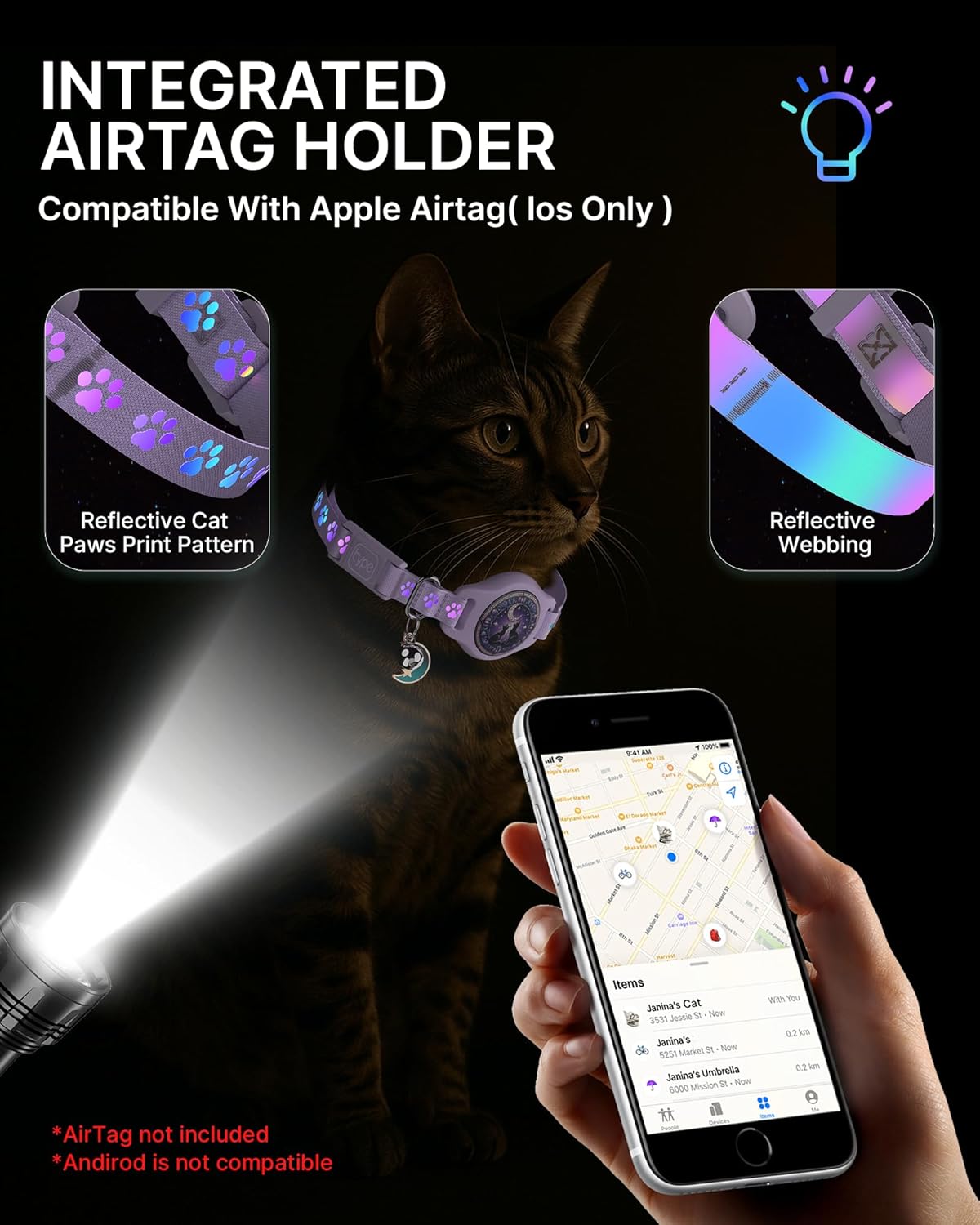Cat Collar with Airtag Holder, 2 Pack Waterproof Breakaway Kitten Collar for Apple AirTag GPS Tracker, Adjustable Cat Collar with Buckle, Bell & Reflective Pattern for Cats, Kittens, Purple (8-11")