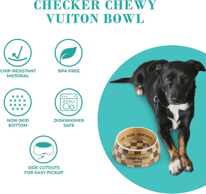 Haute Diggity Dog Checker Chewy Vuiton Dog Bowl & Placemat, BPA-Free Food & Water Bowls, Non-Skid, Dishwasher Safe, Includes Food Mat, Medium Size, Case of 2.