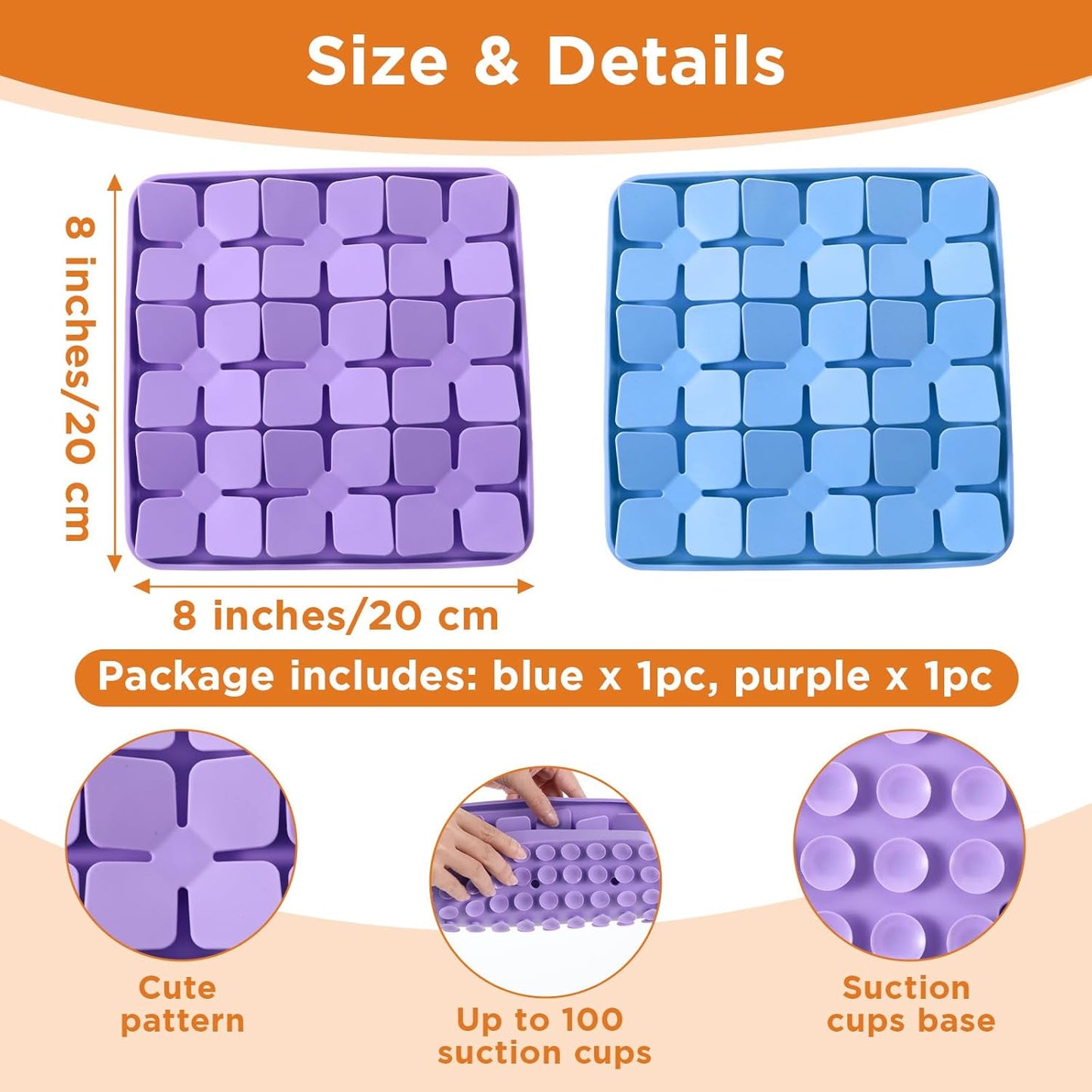 2 Pcs Silicone Snuffle Lick Mat for Dogs, 8 x 8 Inch with Suction Cups, Slow Feeder Puzzle Toy for Mental Stimulation Anxiety Relief, Blue & Purple