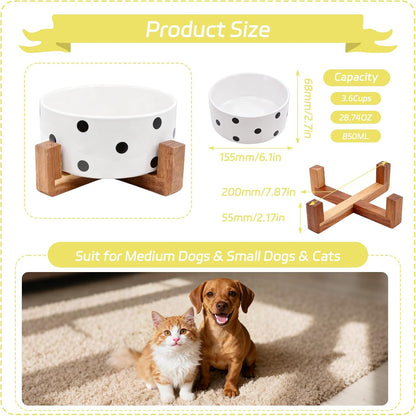 28.74 OZ Elevated Ceramic Dog Bowl Set with Acacia Wood Stand - 3.6 Cup Cat Food Bowl Raised Pet Dish Modern Indoor Water Basic Bowls for Puppies - 850 ML (Single Bowl with Stand)