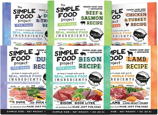 Simple Food Project The Freeze Dried Raw Dog Food Topper Featuring Organic Human Grade Ingredients [6 Pack Variety - 1oz Samples Bison, Duck, Lamb, Beef/Salmon, Duck/Trout, and Chicken/Turkey] …