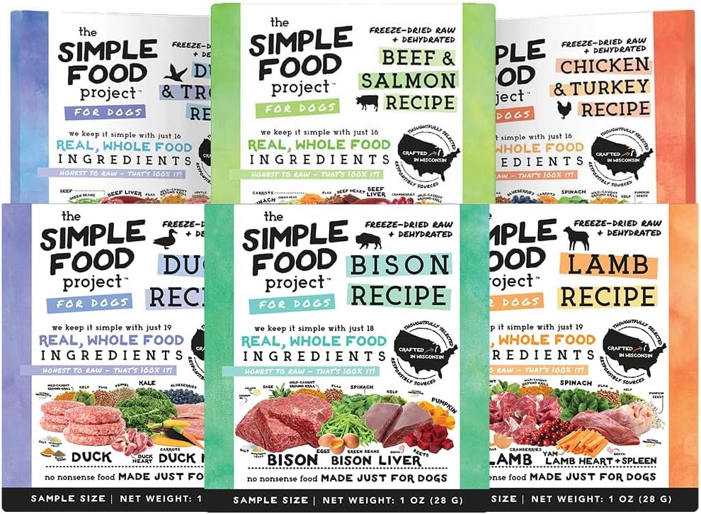 Simple Food Project The Freeze Dried Raw Dog Food Topper Featuring Organic Human Grade Ingredients [6 Pack Variety - 1oz Samples Bison, Duck, Lamb, Beef/Salmon, Duck/Trout, and Chicken/Turkey] …