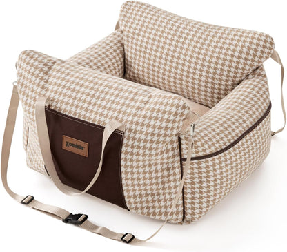 Dog Car Seat for Small Dogs - Waterproof Pet Booster Seat for Car with Clip-On Safety Leash, Soft Travel Carrier for Puppy up to 25 lbs, Memory Foam Filling & 2 Adjustable Buckles Houndstooth