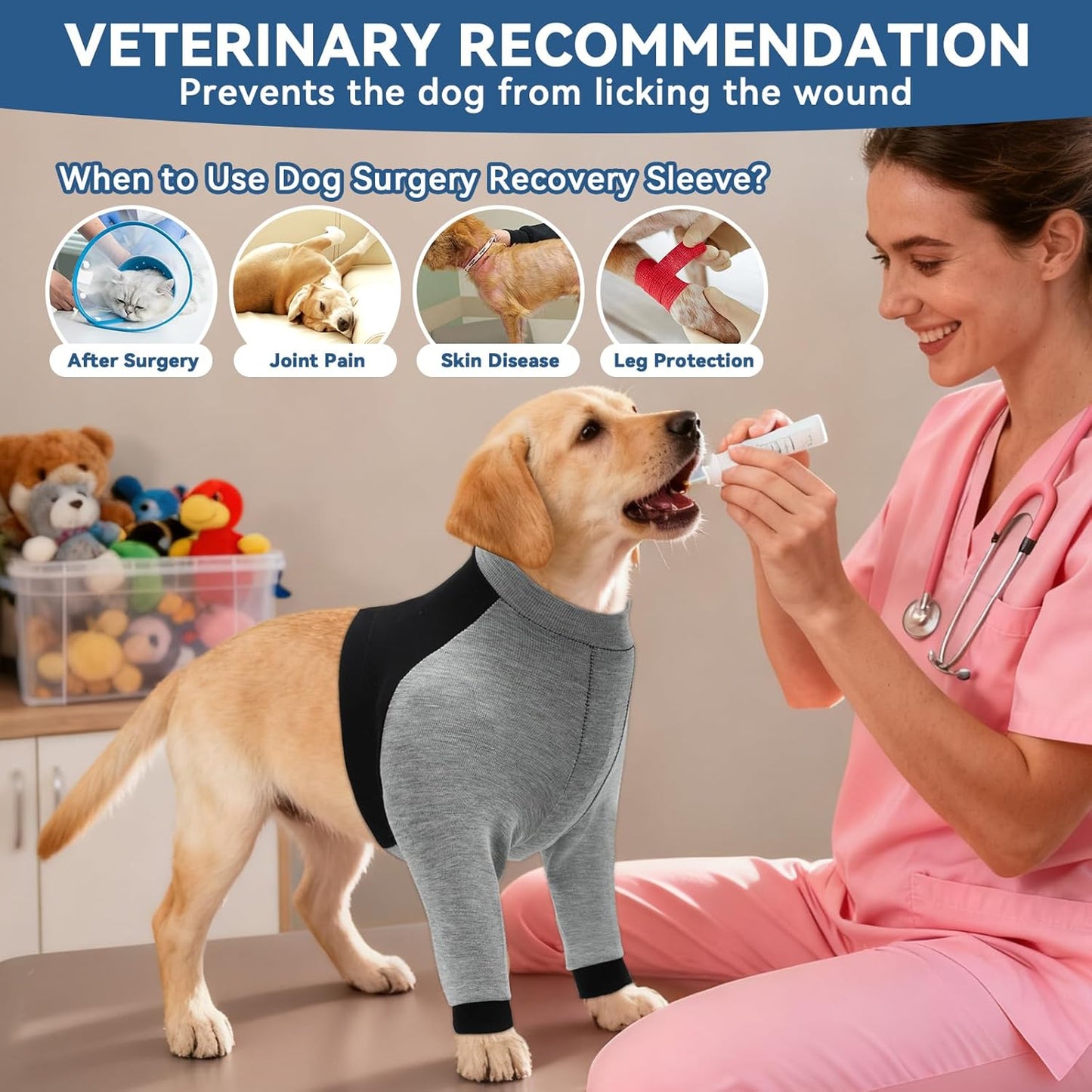 Dog Recovery Suit for Front Legs, Soft Adjustable Surgery Sleeve for Dogs, Leg & Elbow Protector to Stop Licking, Breathable Pet Wound Care Shirt, Comfortable E-Collar Cone Alternative (Large)
