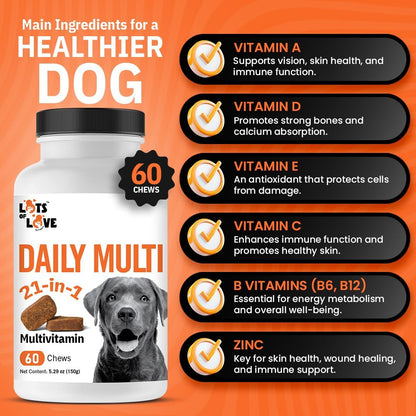 Dog Multivitamin Chewable - LotsOfLove Daily Multi Dog Chews (60 Count) - Dog Multi Vitamin & Supplement Chews for Small, Medium & Large Dogs