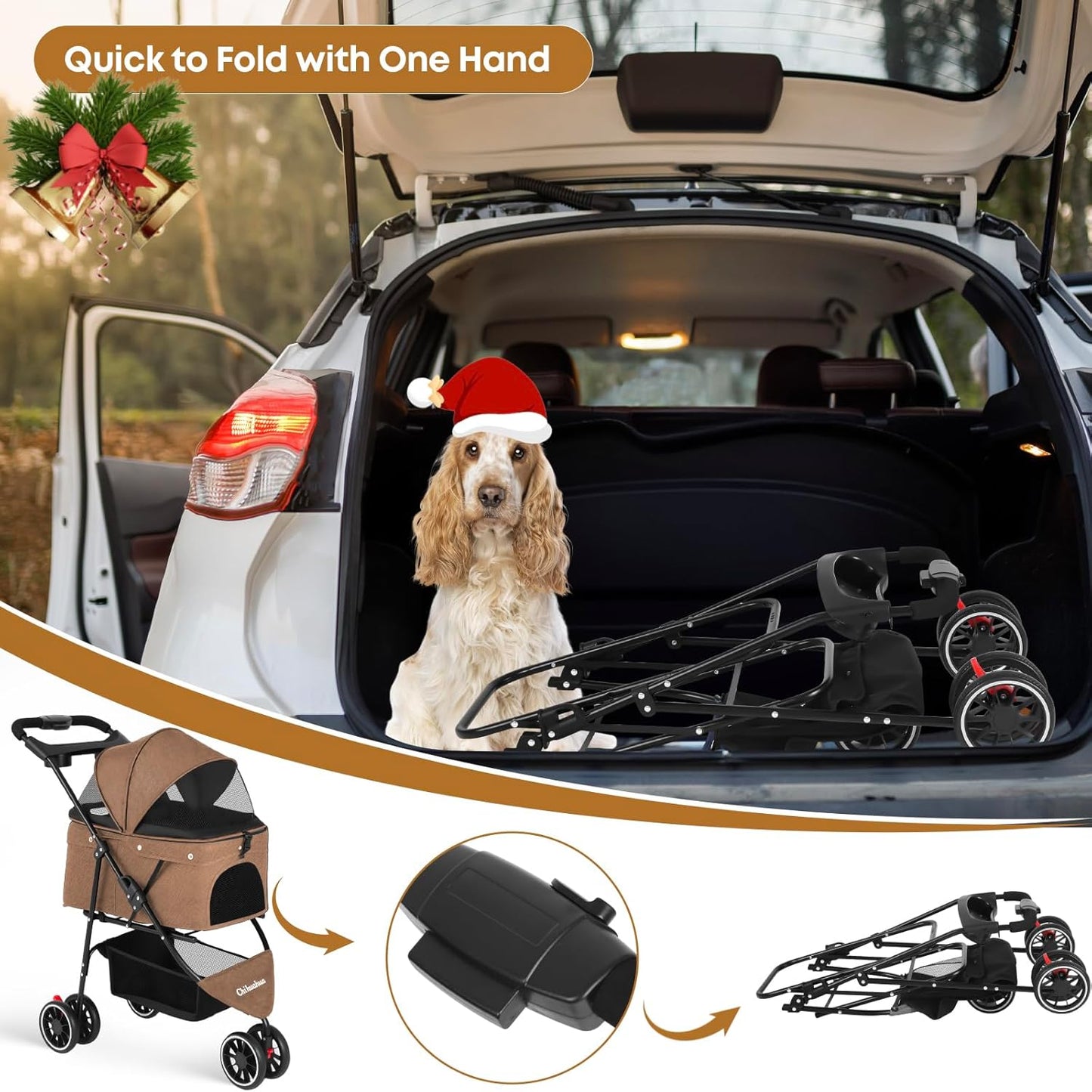 Pet Stroller,Dog Stroller for Small Medium Dogs Cats,3 Wheels,Foldable,with Breathable Mesh Canopy,Cup Holders,Easy Assembly,Deep Brown