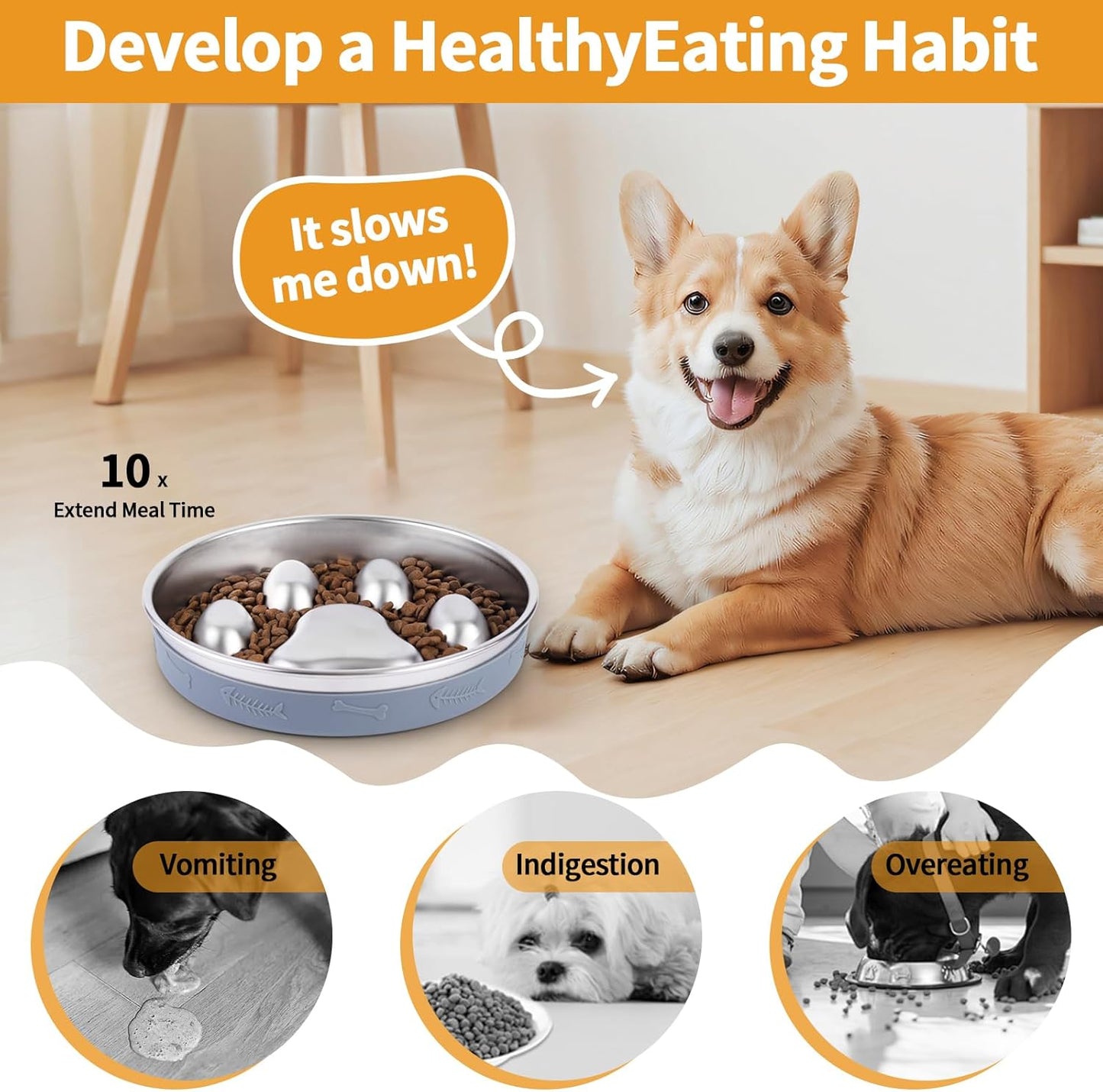 Slow Feeder Dog Bowl - 2-in-1 Stainless Steel Pet Bowl (8.27"x1.57", 33.8oz) with Non-Slip Base - Reversible Paw Design for Small/Medium/Large Dogs - Helps Slow Fast Eating for Dry & Wet Food