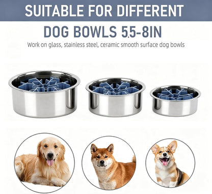 Slow Feeder Insert for Dog Bowl with Upgraded Big Suction Cups Anti-Slip, Cuttable 4.7-7in Anti-Chocking Extra-Slow Feeding Fits Standard Metal Dog Bowls for Large Medium Small Dogs, Blue