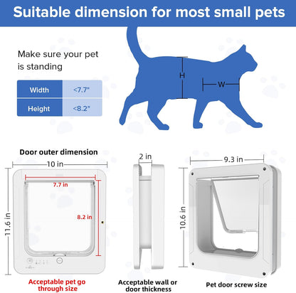 Smart Cat Door for Interior & Exterior, Cat Pet Door with 3 Collar Sensor Keys & 1 Remote Control & 4 Way Locking Cat Flap with RFID Collar Activated Opening Cat Door (White)