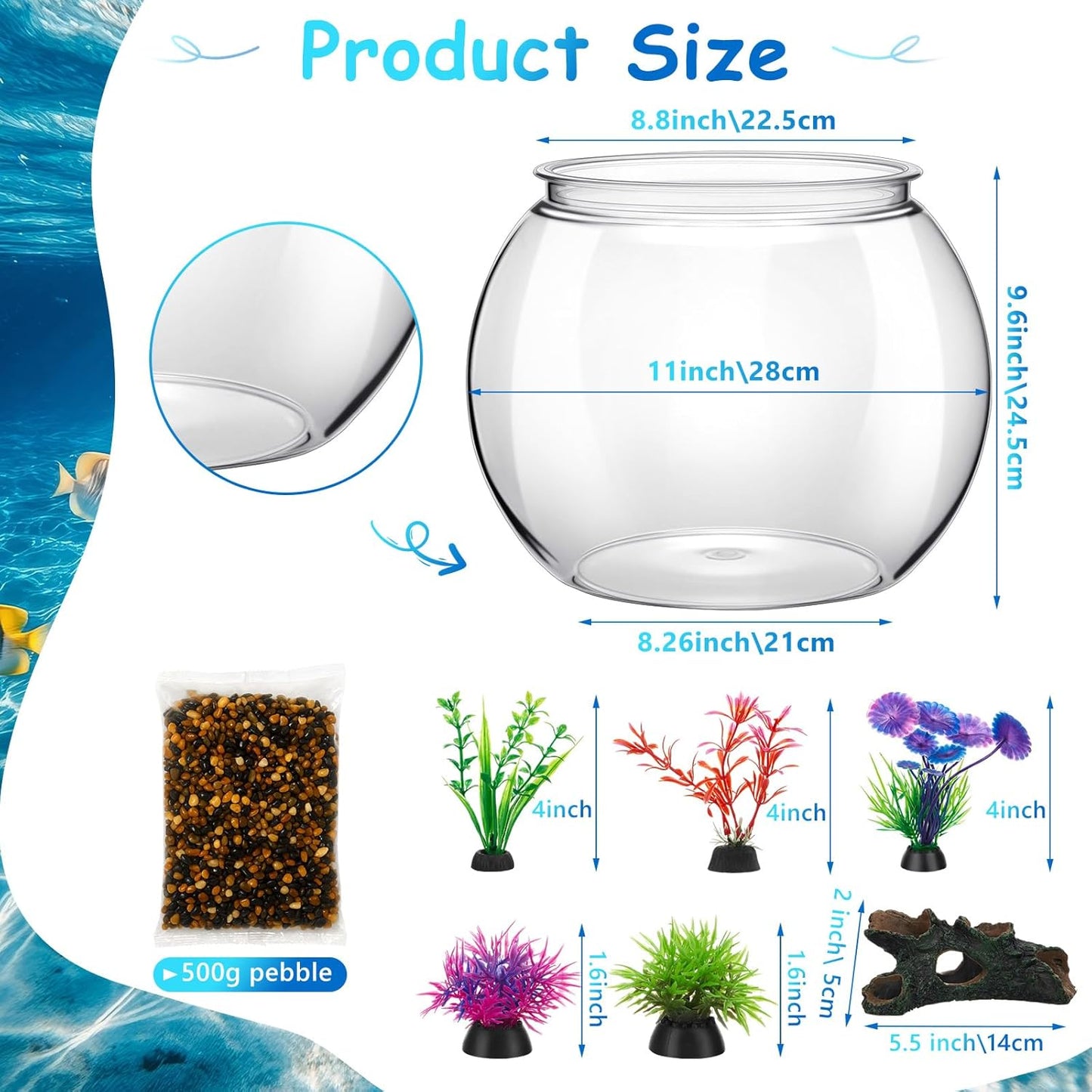 3 Gallon Plastic Betta Fish Bowl with 6 Pcs Artificial Plastic Plants and 500g Decorative Gravel, Betta Fish Tank and Decoration Accessories Small Large Bowl Ornaments Starter Kit