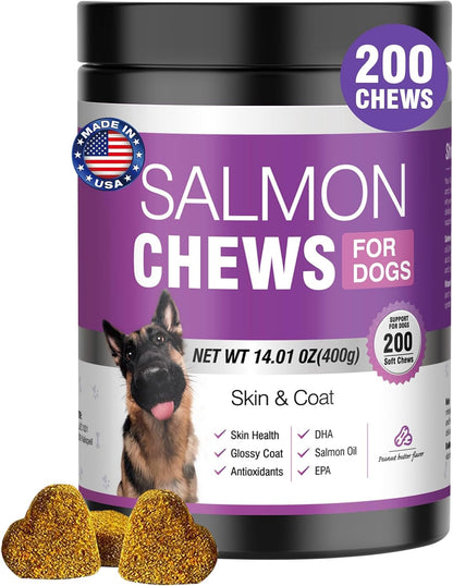 Omega 3 Skin and Coat Supplement for Dogs 200 Chews Dog Fish Oil Supplements with EPA & DHA Fatty Acids Dry Skin Relief for Dogs Shedding Allergy Itching Promotes Heart Hip Joint(Peanut Butter)