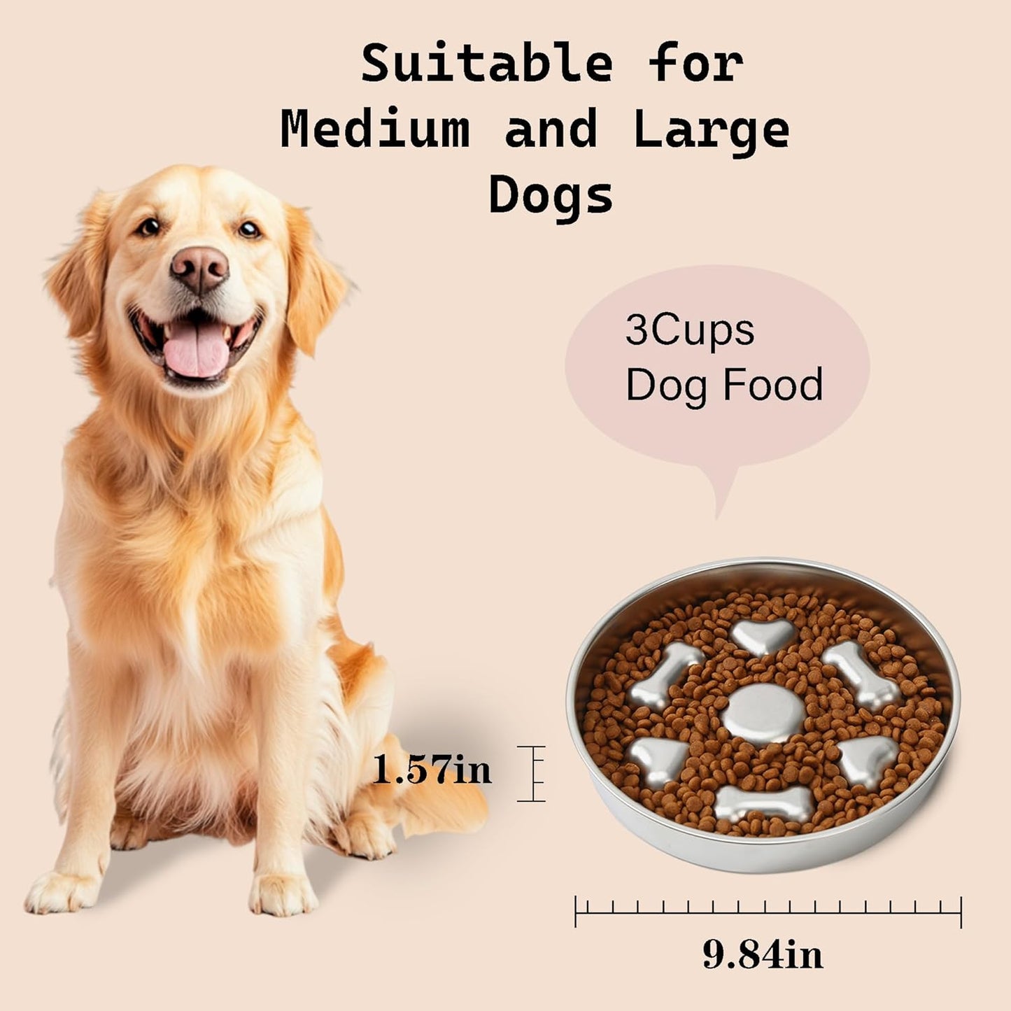 Slow Feeder Dog Bowl Stainless Steel, 3 Cups Large Capacity, Designed to Slow Down Eating, Double-Sided Design Ideal for All Dog Sizes