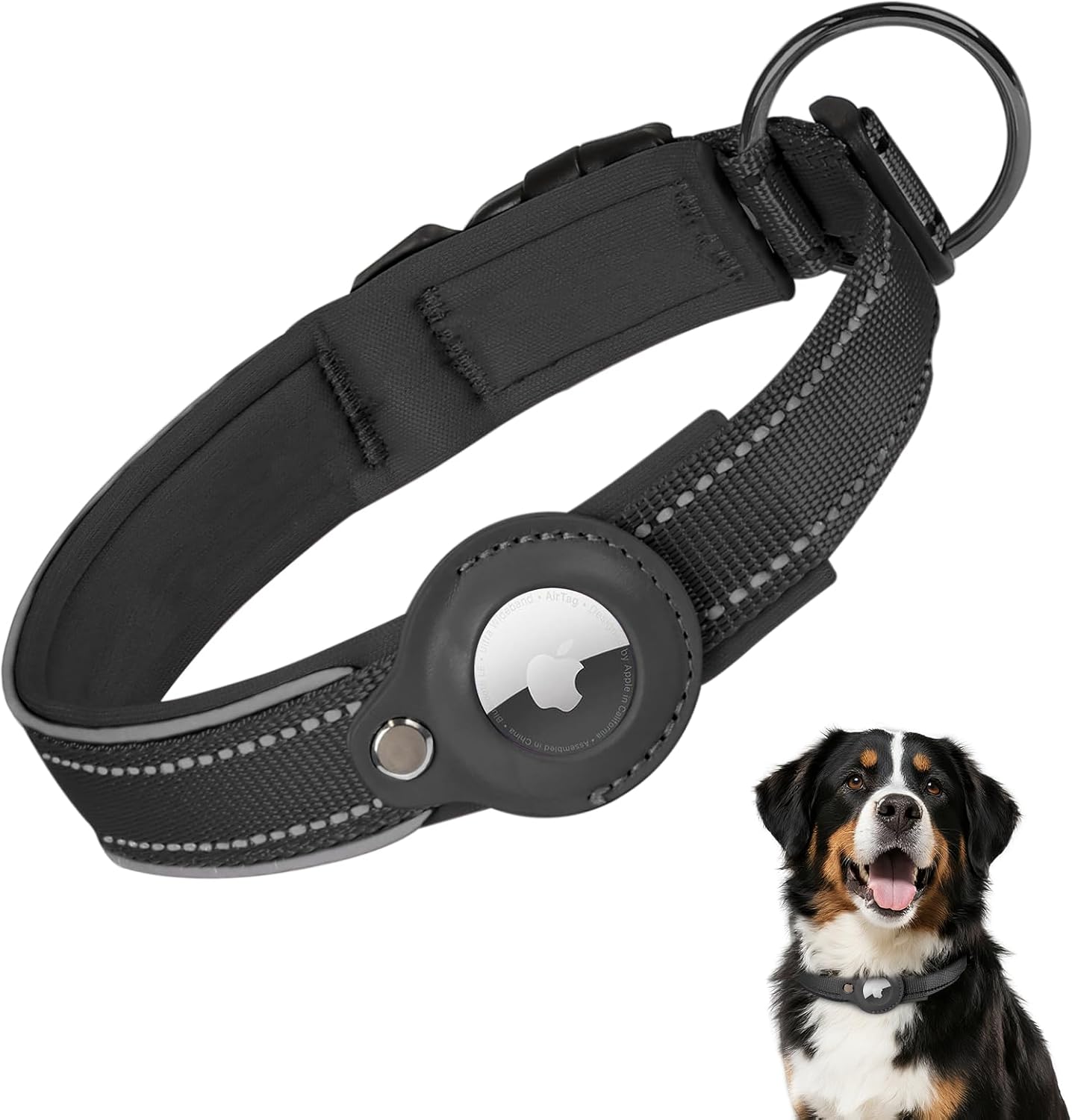 2025 Upgraded AirTag Dog Collar, Leather Dog Collar with AirTag Holder, Adjustable, Breathable, Soft Padded Apple Air Tag Dog Collars for Small Medium Large Dogs, (Black, M)