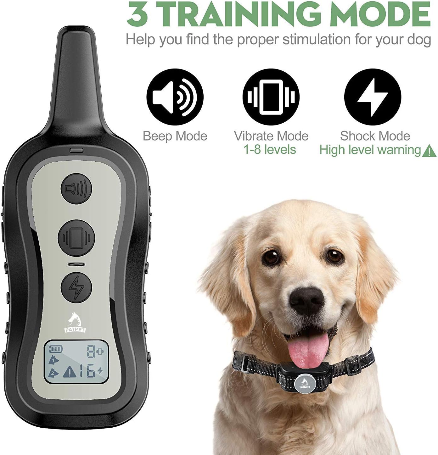 PATPET Dog Training Collar Shock Collar with Remote - 3 Training Modes, Beep, Vibration and Shock, Up to 1000 ft Remote Range, Rainproof for Small Medium Large Dogs