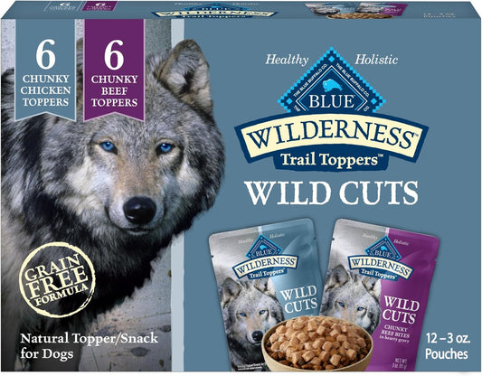 Blue Buffalo Wilderness Trail Toppers Wild Cuts Wet Dog Food Variety Pack, High-Protein & Grain-Free, Made with Natural Ingredients, Chicken and Beef Flavors, 3-oz Pouches, (12 Count, 6 of Each)