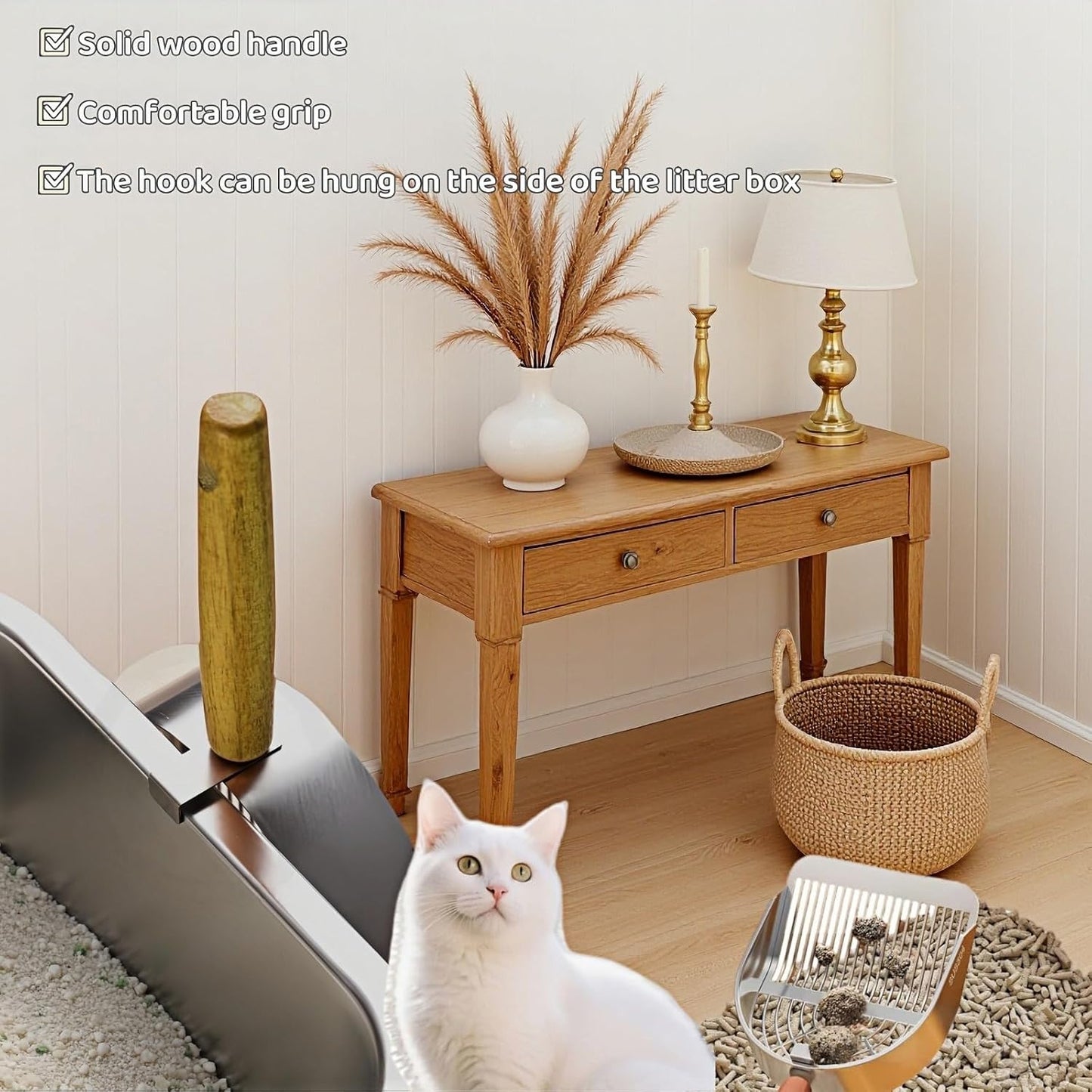 Premium Stainless Steel Cat Litter Scoop-Triple Guard Walls&Non-Stick Design,Silver,Flat Shovel Head Design Solid Deep Edge Wood Handle,Dual Hooks 1Pack,6.1x5.3inch (Silver long strip) (Silver)