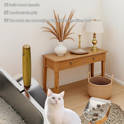 Premium Stainless Steel Cat Litter Scoop-Triple Guard Walls&Non-Stick Design,Silver,Flat Shovel Head Design Solid Deep Edge Wood Handle,Dual Hooks 1Pack,6.1x5.3inch (Silver long strip) (Silver)