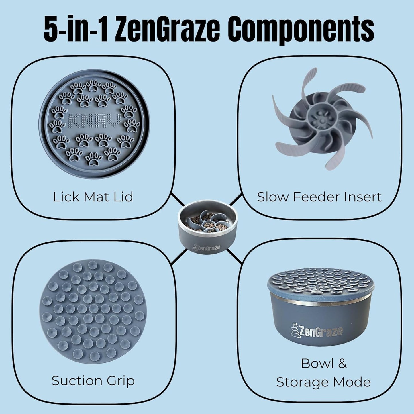 Slow Feeder Dog Bowl with Premium Lick Mat Lid | Heavy Duty Stainless Steel Dog Bowls | Silicone Slow Feeder Insert | Non-Slip & Durable | 64 oz | Medium to XL Dogs (Steel Gray)