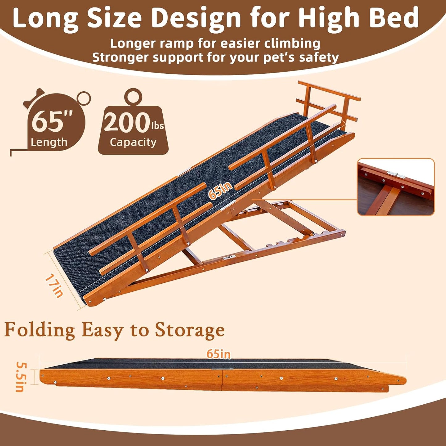 Dog Ramp for Bed - 65" Length, Supports up to 32" Height,Includes Non-Slip Replaceable Carpet, Safety Rails & Landing Platform,Adjustable & Foldable Pet Ramp for Large/Senior Dogs to Get on Bed