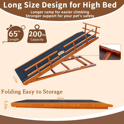Dog Ramp for Bed - 65" Length, Supports up to 32" Height,Includes Non-Slip Replaceable Carpet, Safety Rails & Landing Platform,Adjustable & Foldable Pet Ramp for Large/Senior Dogs to Get on Bed