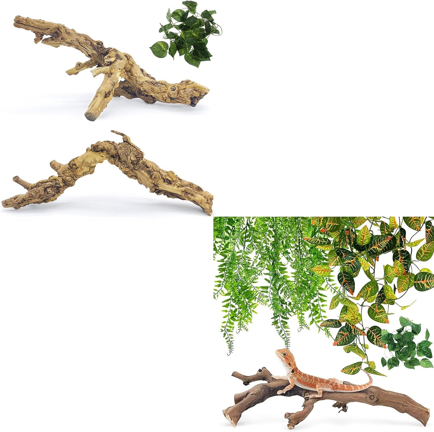 VCEPJH 2 Pack Reptile Wood Branches, Snake Climbing Branch Natural Bearded Dragon Log and 4 Pcs Reptile Plants, Climbing Wood Branch Terrarium Hanging Fake Plant Leaves for Snake Leopard Gecko Lizard