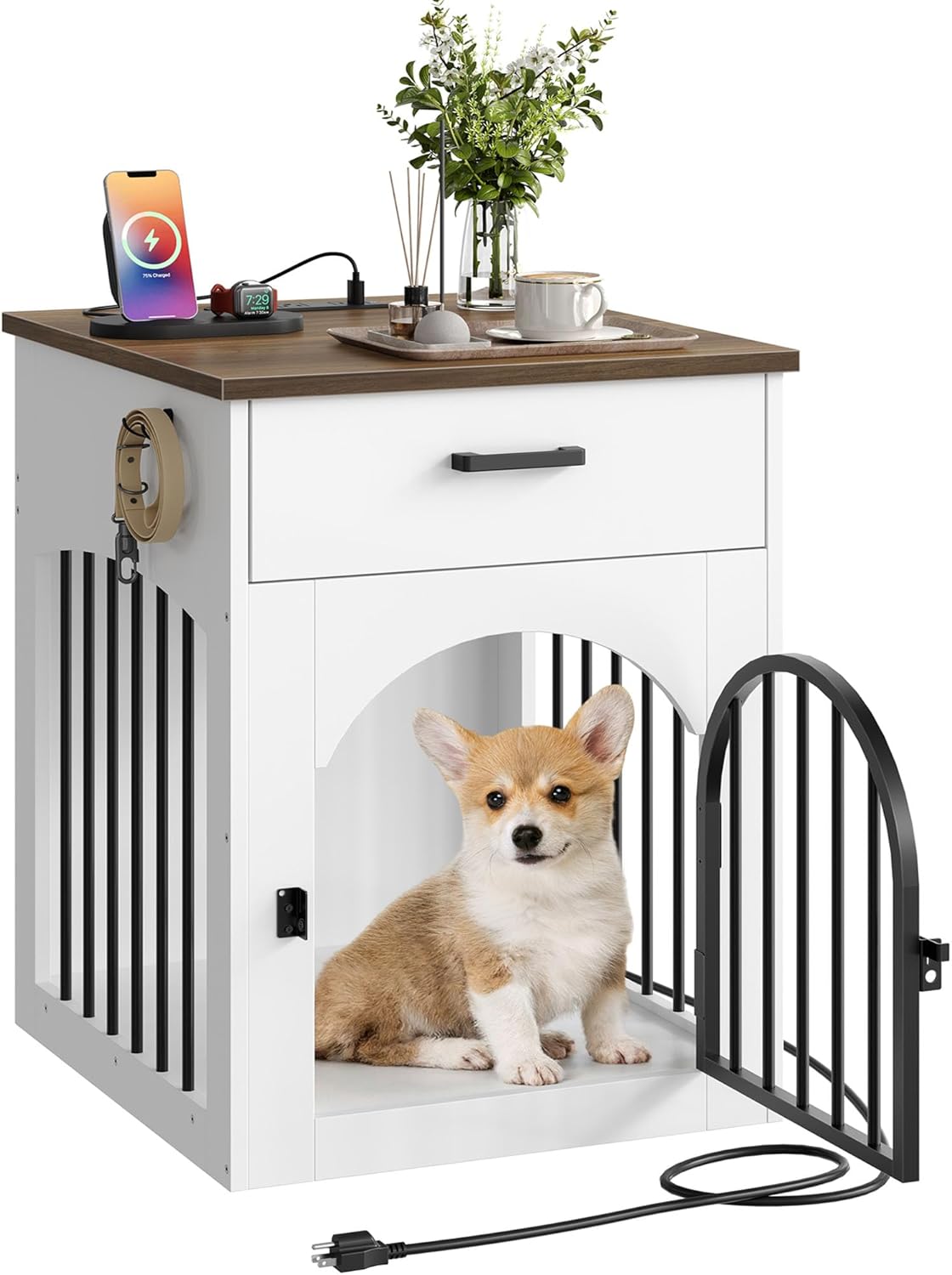 Dog Crate Furniture, Wooden Dog House with Charging Station and Storage Drawer, Indoor Pet Crate End Table for Small Breeds, Dog Kennel for Living Room, Bedroom, White and Walnut MGW01UWL
