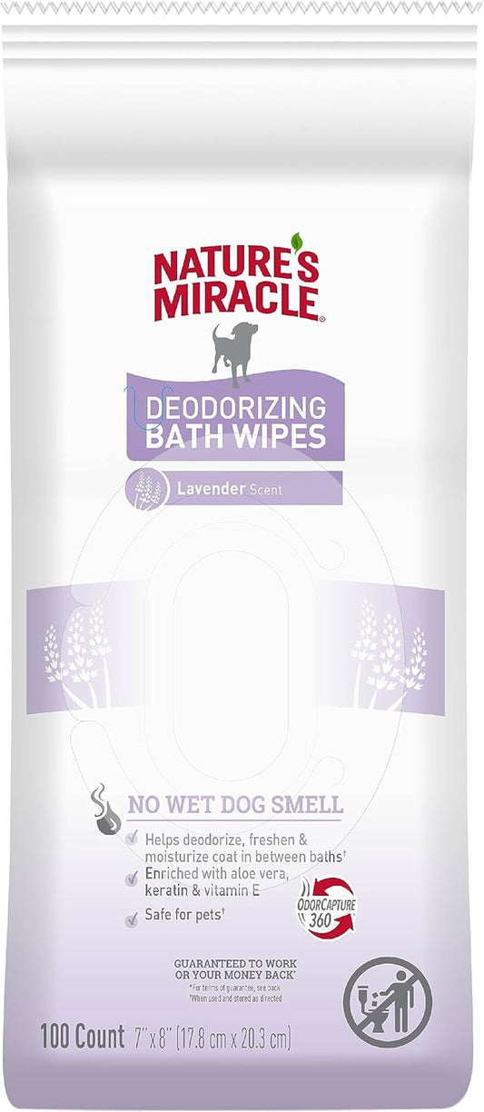 Nature's Miracle Deodorizing Bath Wipes for Dogs, 100 Count, Lavender Scent