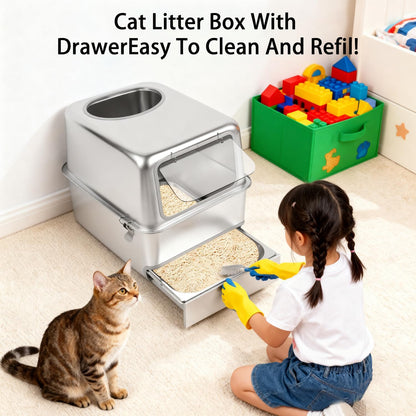 XXL Stainless Steel Sifting Litter Box for Pine Pellets | 16” High Sides, Enclosed & Dog-Proof Cat Litter Box System Metal Sifter Litter Pan System for Big Cats,Odor Control,Easy to Clean