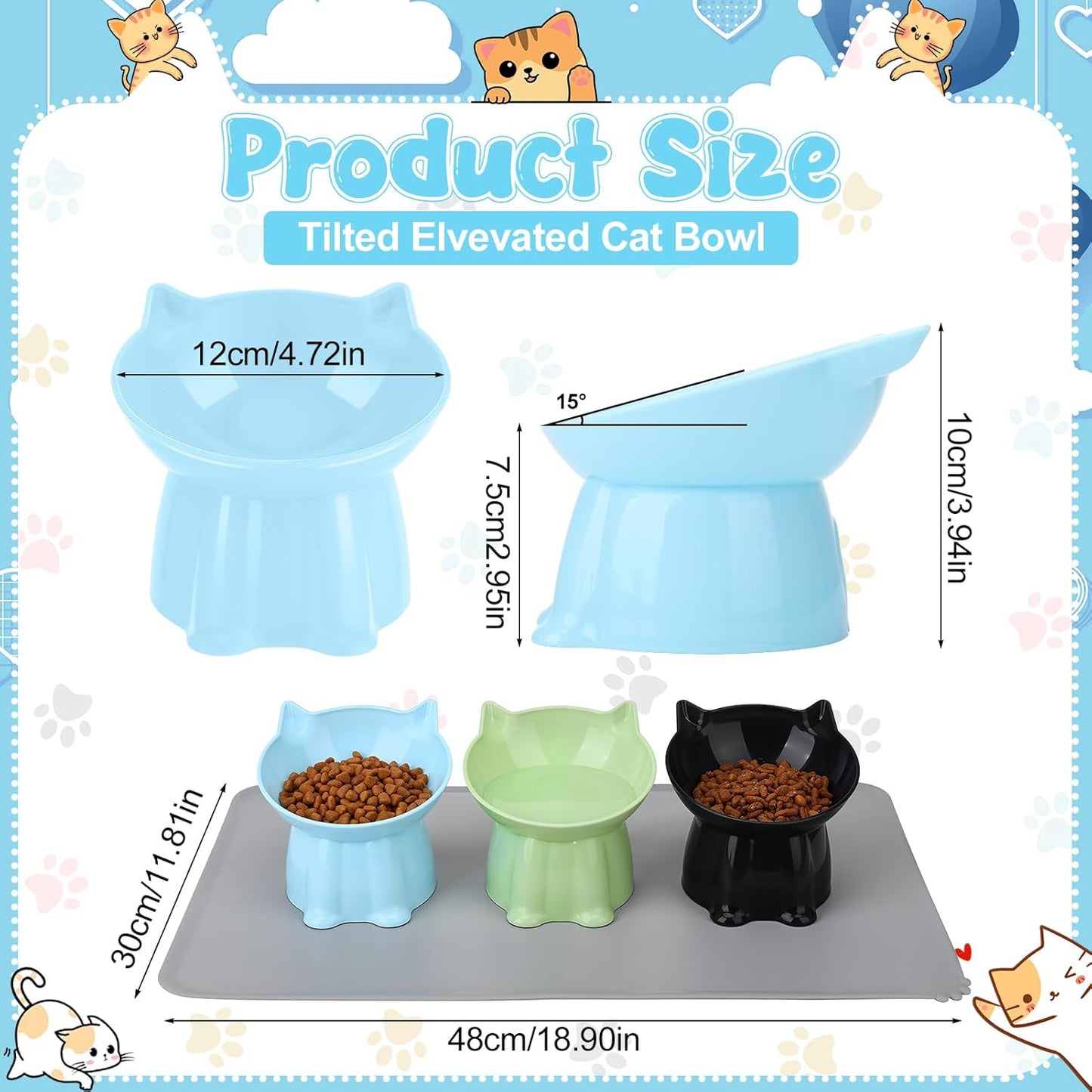 3 Pcs Elevated Cat Bowls 15°Raised Cat Food Bowl with Silicone Mat Whisker Friendly Anti Vomiting Cats Dishes Pet Food and Water Bowls for Indoor Cats Kittens Classic Blue, Black, Green Colors
