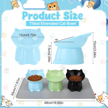 3 Pcs Elevated Cat Bowls 15°Raised Cat Food Bowl with Silicone Mat Whisker Friendly Anti Vomiting Cats Dishes Pet Food and Water Bowls for Indoor Cats Kittens Classic Blue, Black, Green Colors