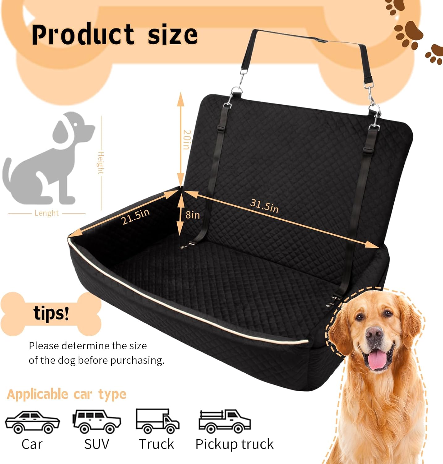 Large Dog Car Seat Under 60 lbs or 2 Small Dogs,Dog Bed for Car Back Seat with Seat Belt Fixation,The Seat Fabric Soft and Comfortable,Size is 31.5in x 20in x 21.5in,Removable and Washable.(Black)